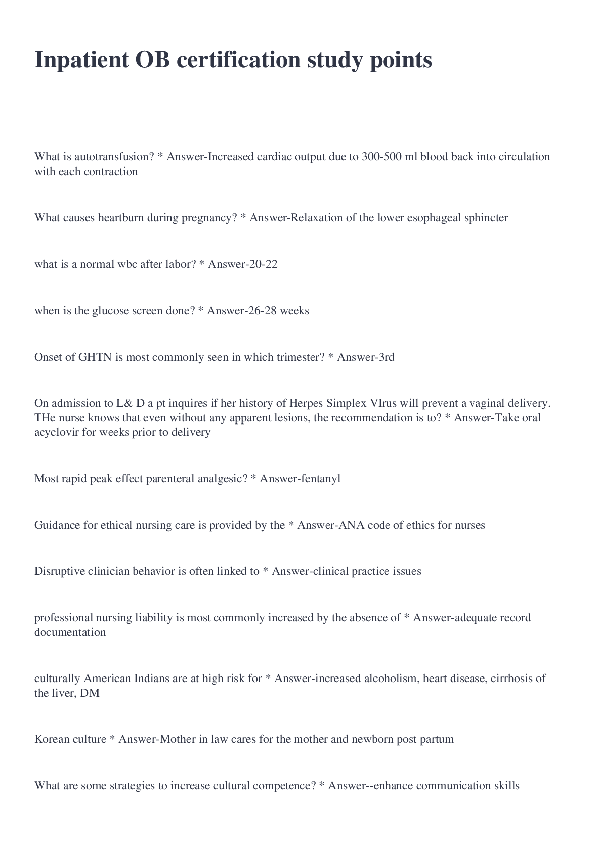 Preview image of Inpatient OB certification study points document